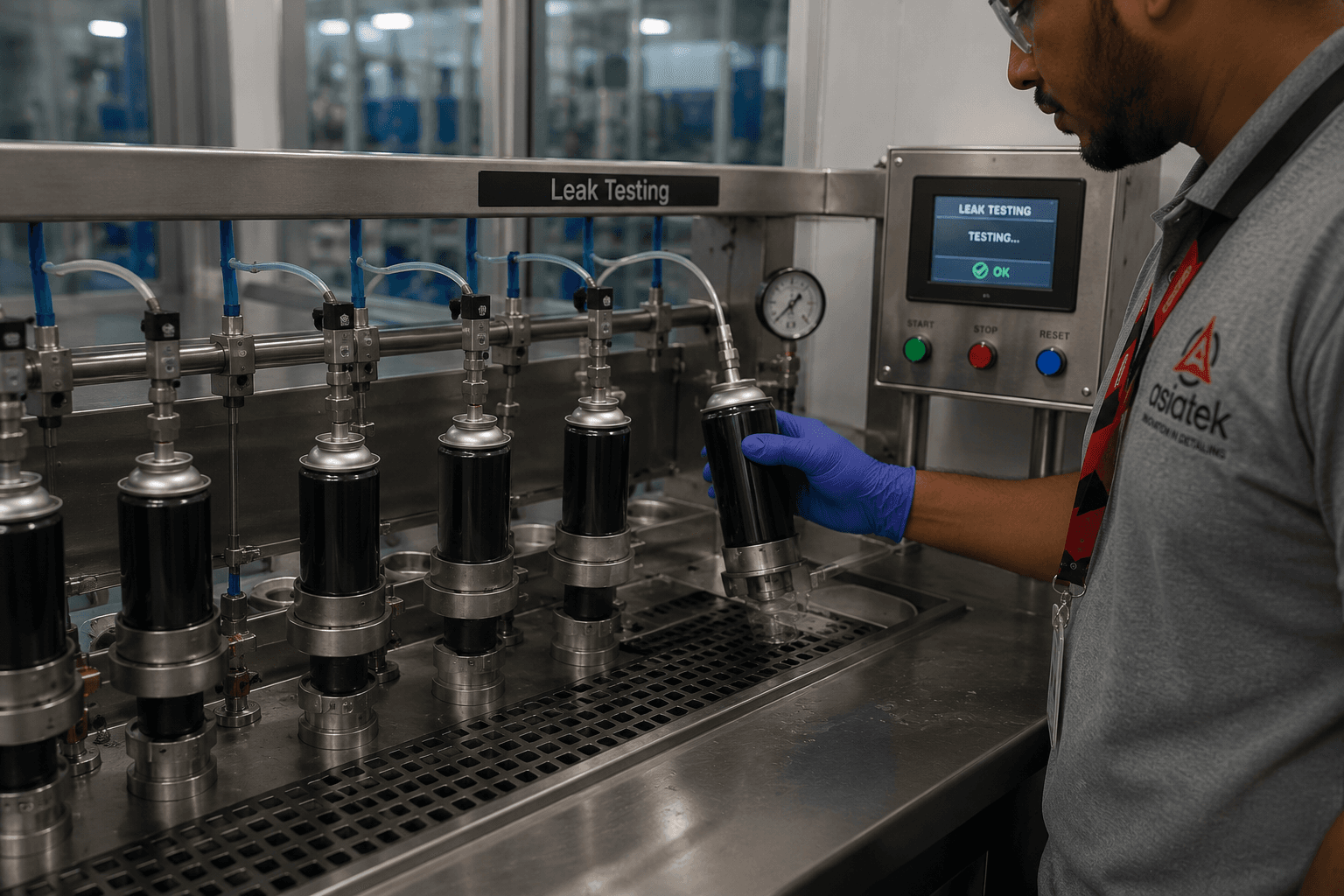 Leak testing station on Asiatek's aerosol production line