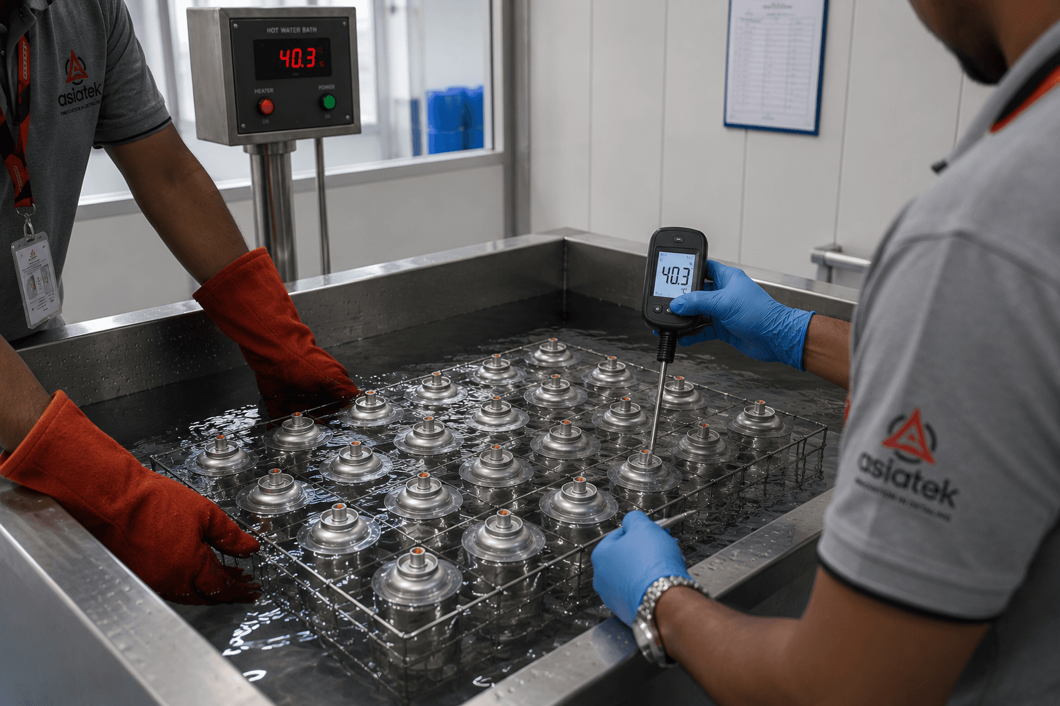 Water bath testing station on Asiatek's aerosol production line